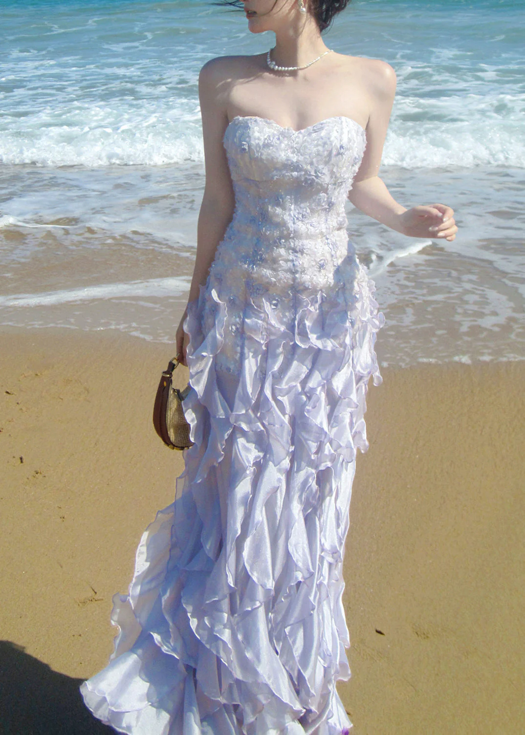 French Purple Ruffled Chiffon Strapless Dress Summer - Image 2