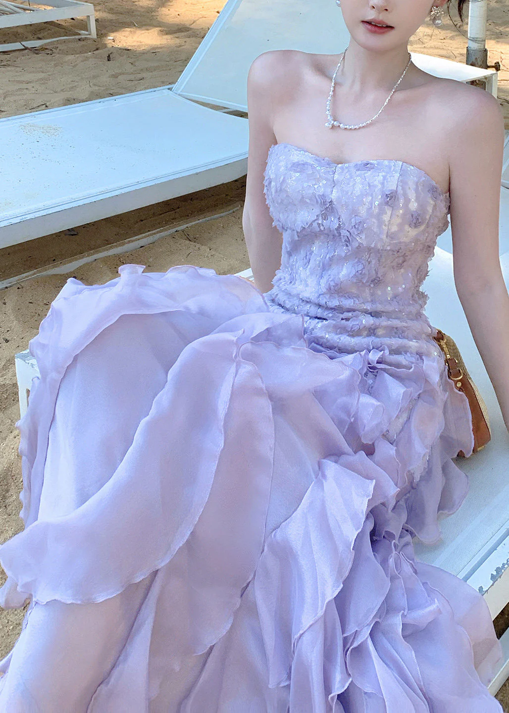 French Purple Ruffled Chiffon Strapless Dress Summer - Image 3