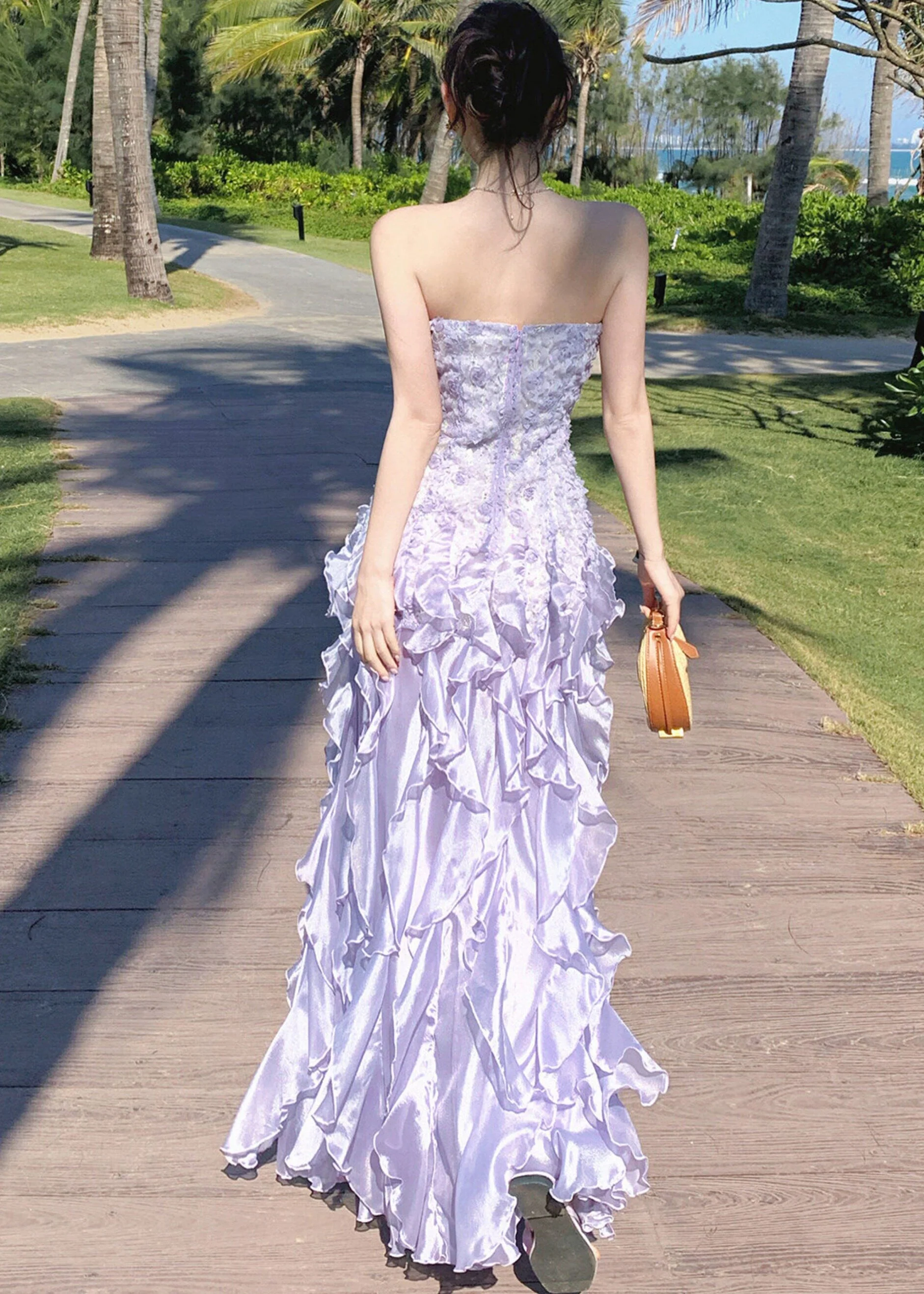 French Purple Ruffled Chiffon Strapless Dress Summer - Image 4