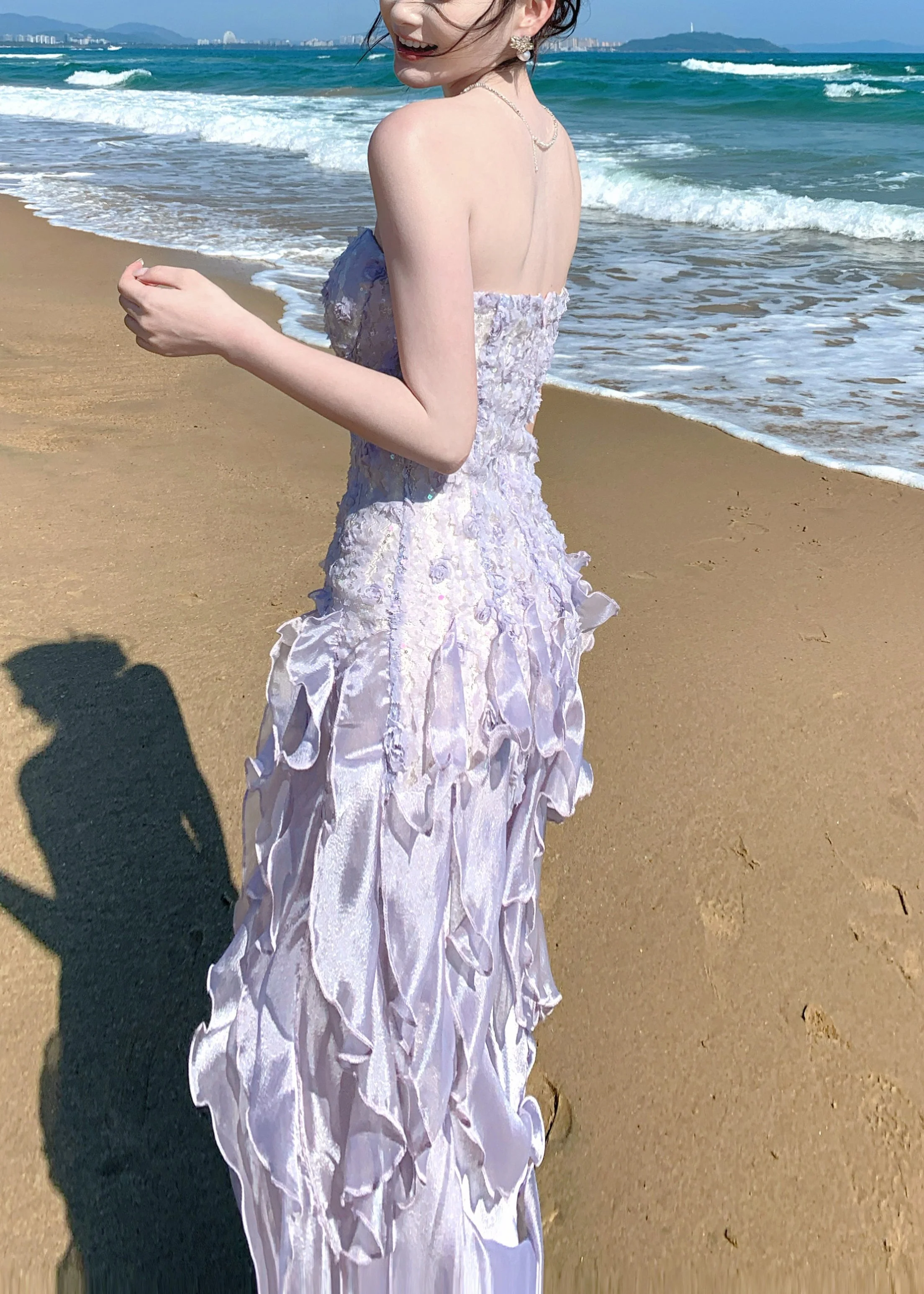 French Purple Ruffled Chiffon Strapless Dress Summer - Image 5