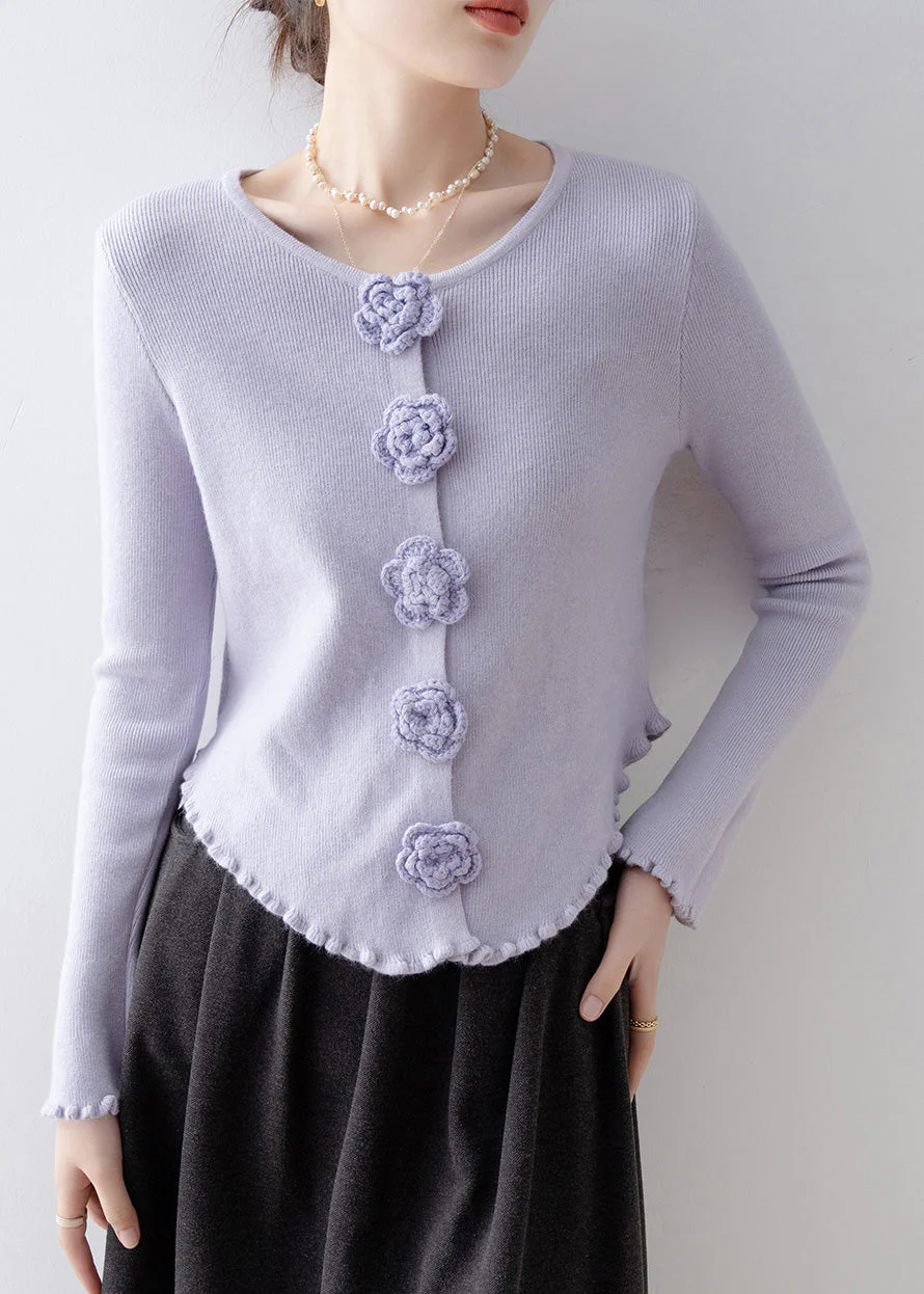 French Purple Ruffled Floral Slim Fit Knitted Tops Spring - Image 2