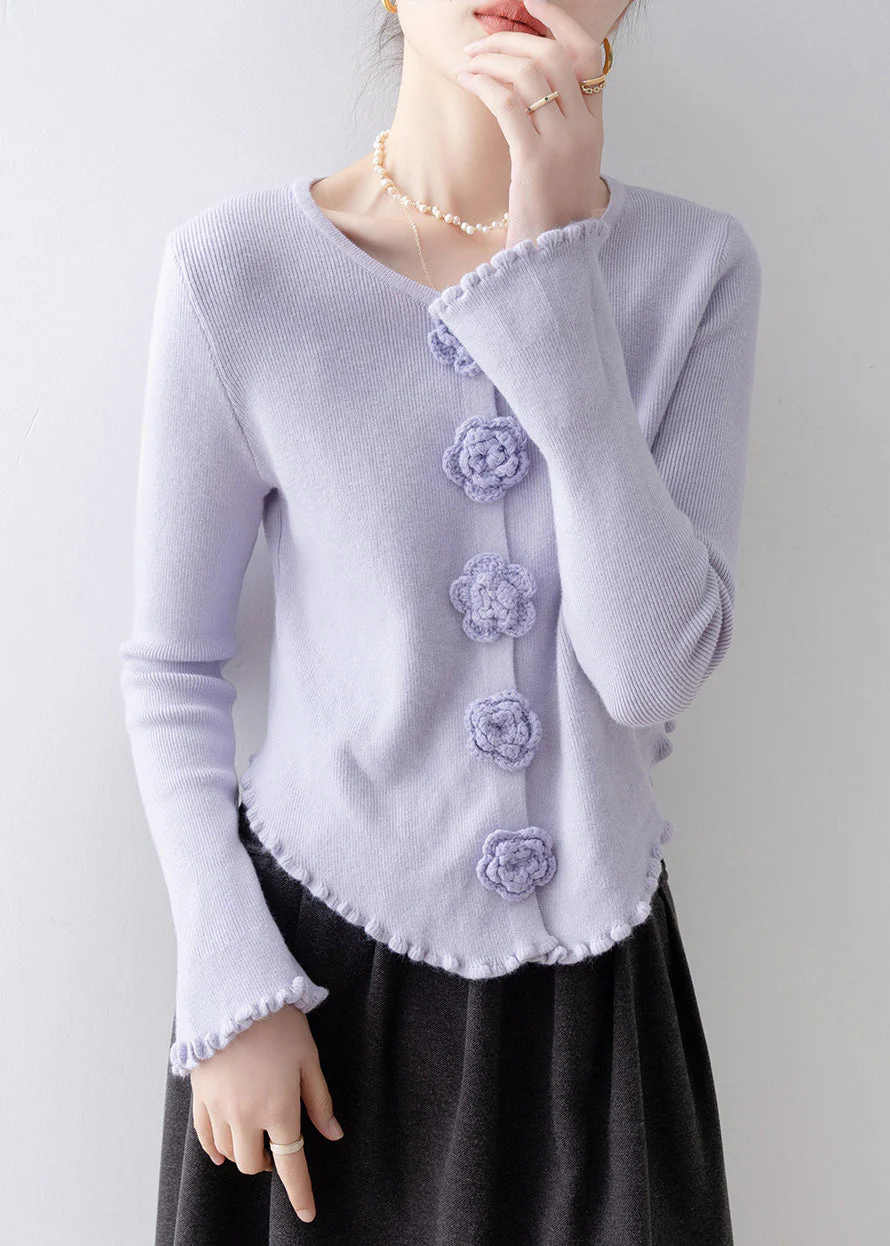 French Purple Ruffled Floral Slim Fit Knitted Tops Spring - Image 3