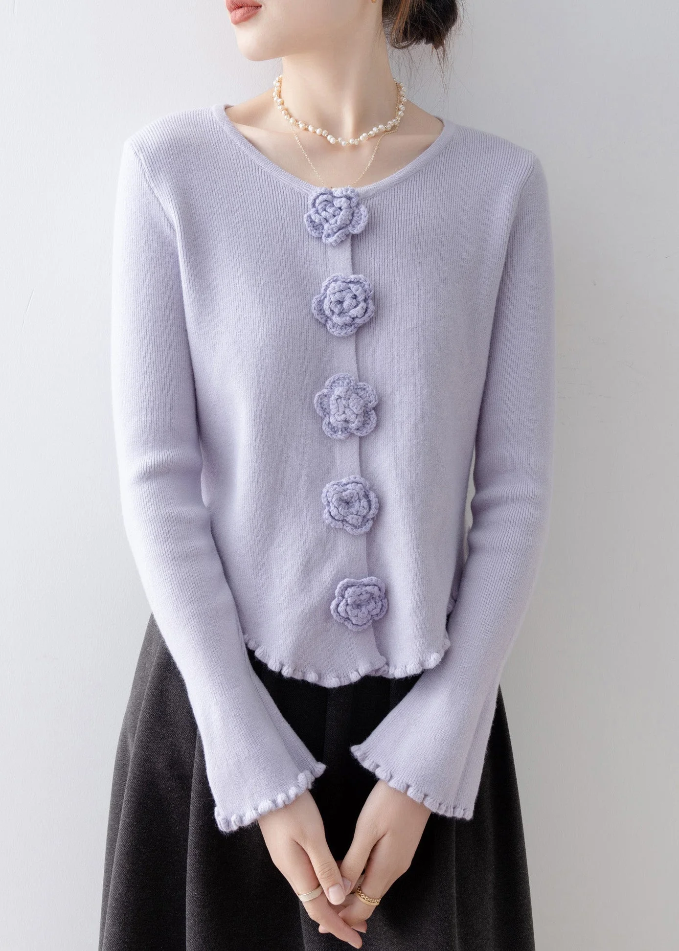 French Purple Ruffled Floral Slim Fit Knitted Tops Spring - Image 4