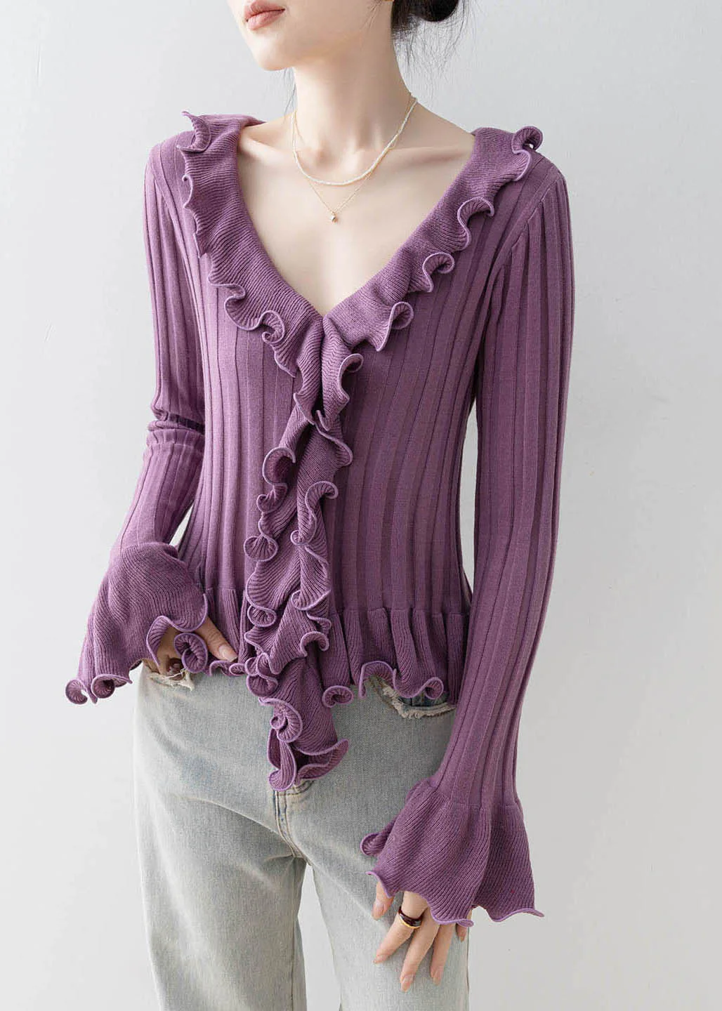 French Purple Ruffled Patchwork Knit Top Flare Sleeve - Image 2