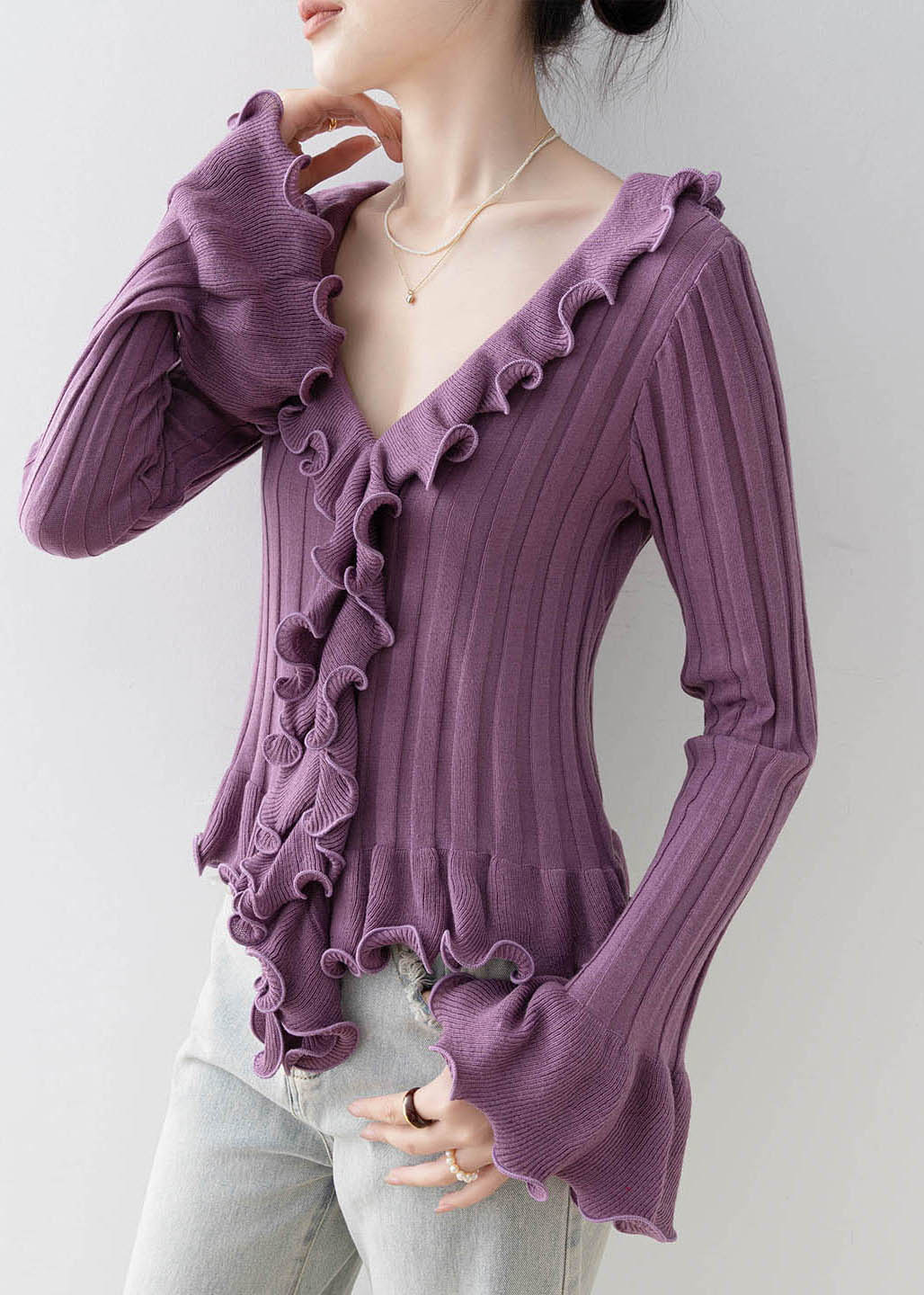 French Purple Ruffled Patchwork Knit Top Flare Sleeve - Image 3
