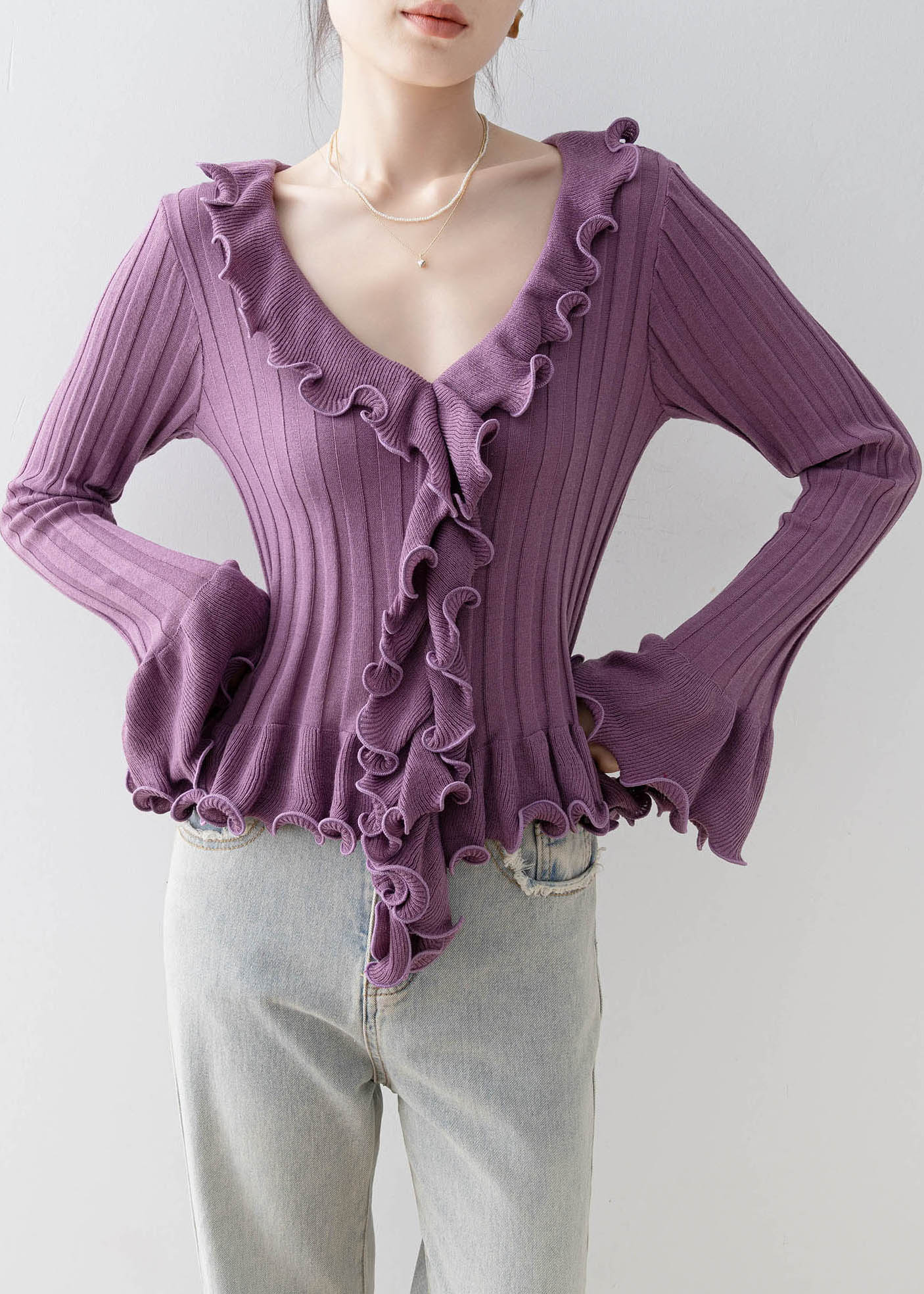 French Purple Ruffled Patchwork Knit Top Flare Sleeve - Image 4