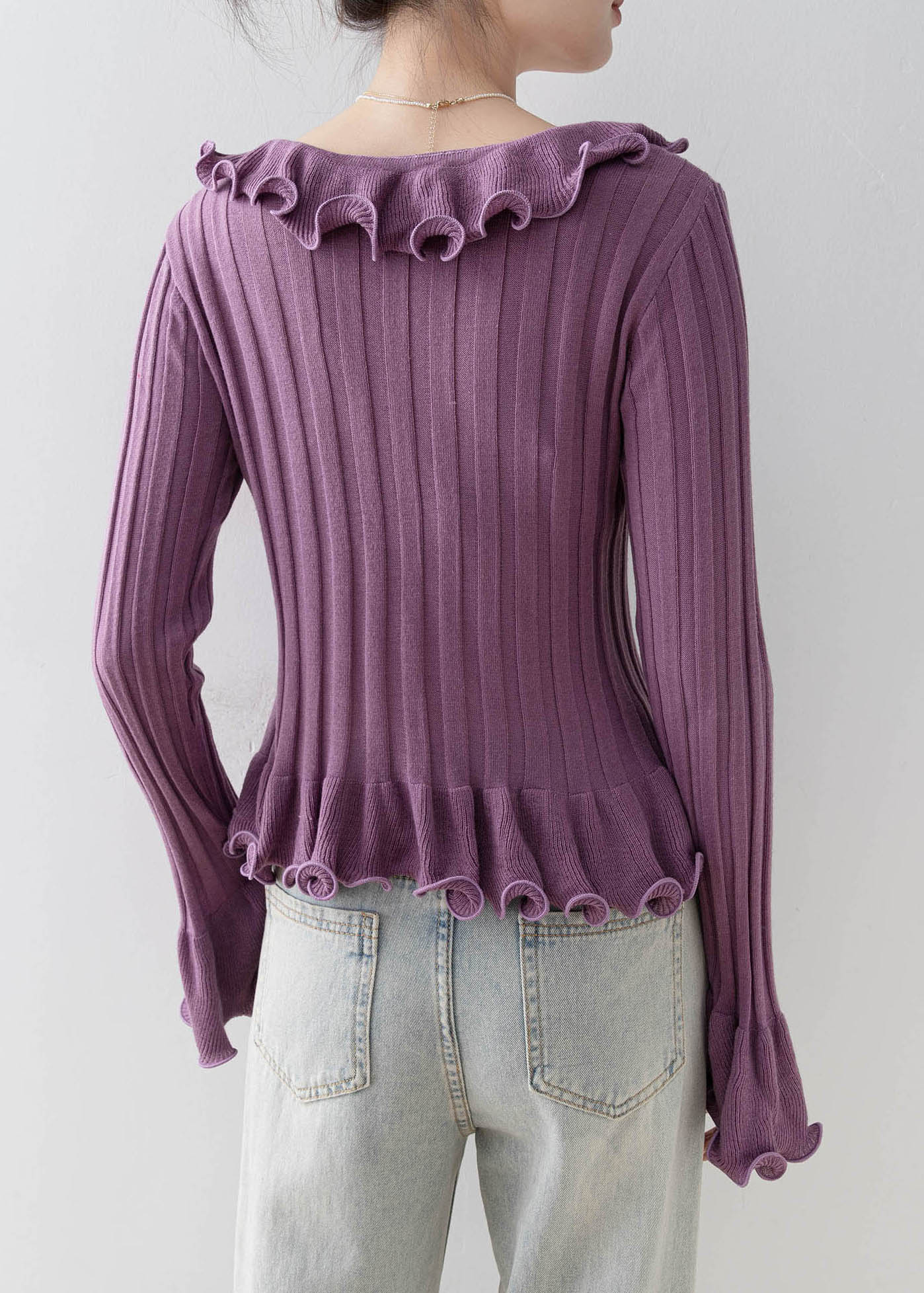 French Purple Ruffled Patchwork Knit Top Flare Sleeve - Image 5