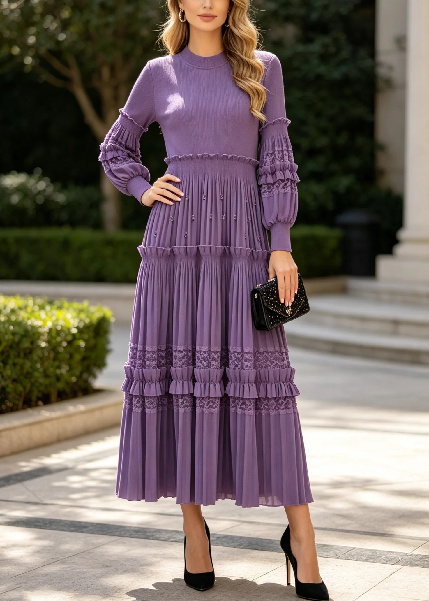 French Purple Ruffled Patchwork Lace Exra Large Hem Party Dress Fall - Image 3