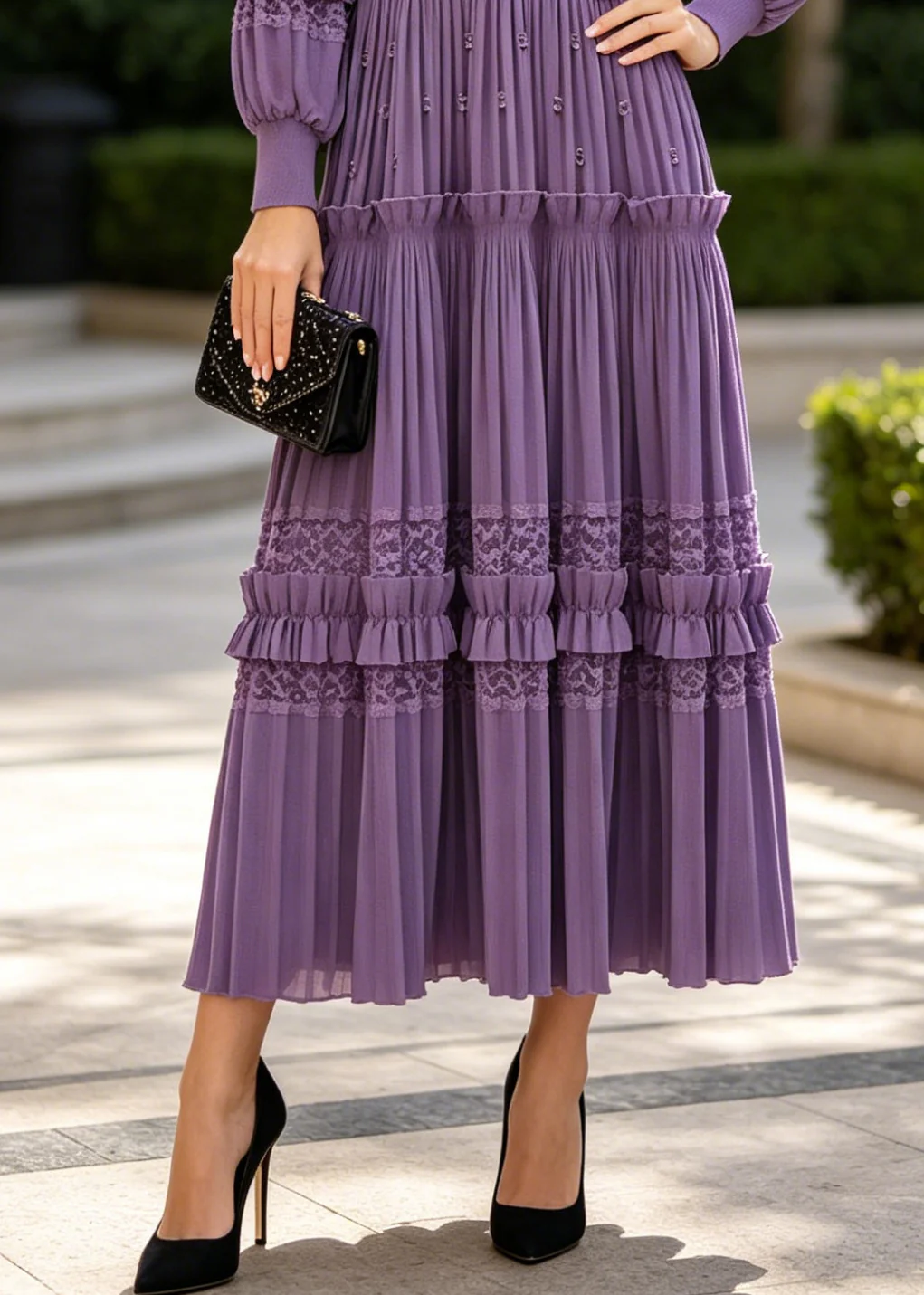 French Purple Ruffled Patchwork Lace Exra Large Hem Party Dress Fall - Image 4