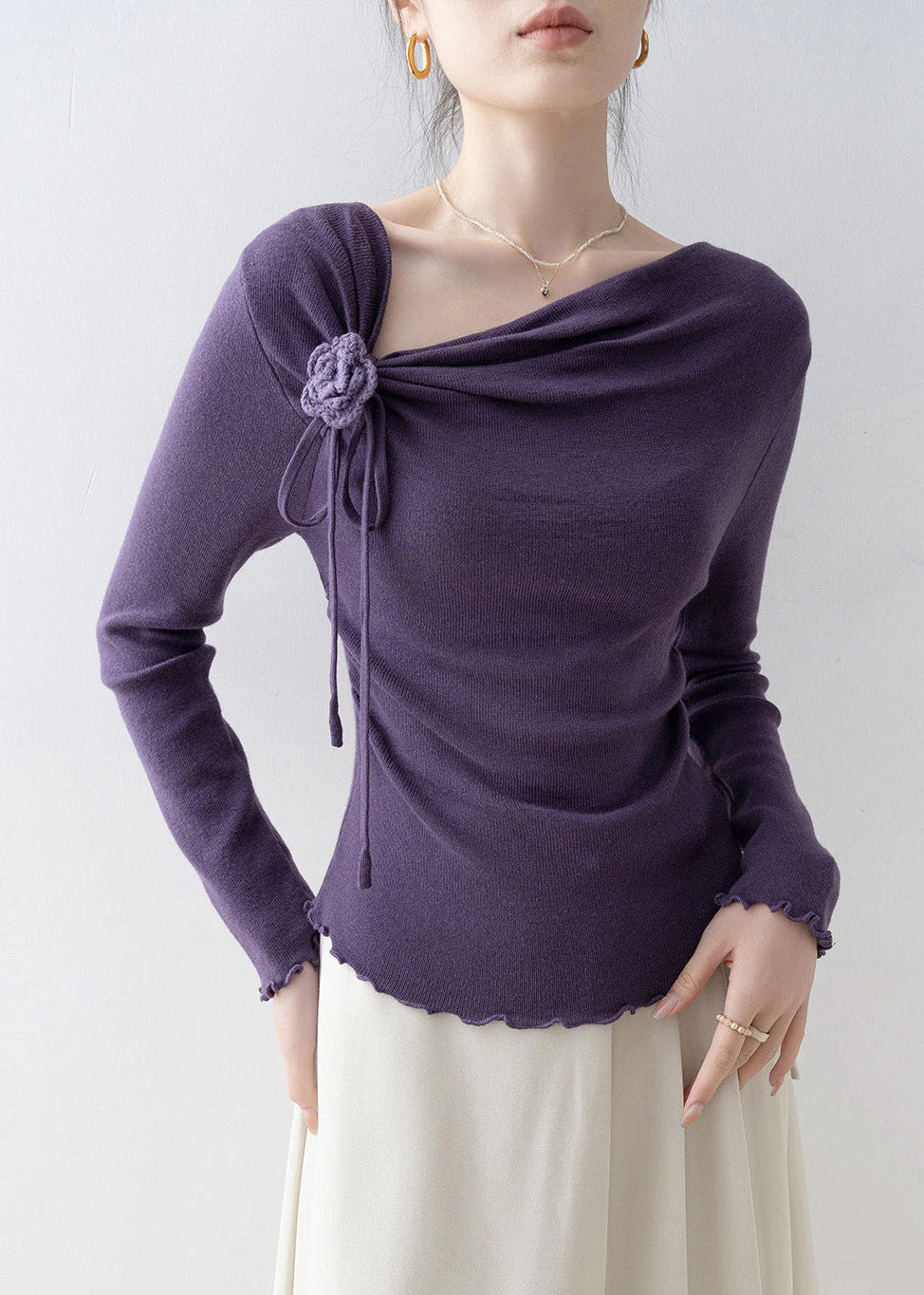 French Purple Slash Neck Ruffled Floral Knit Top Spring - Image 2