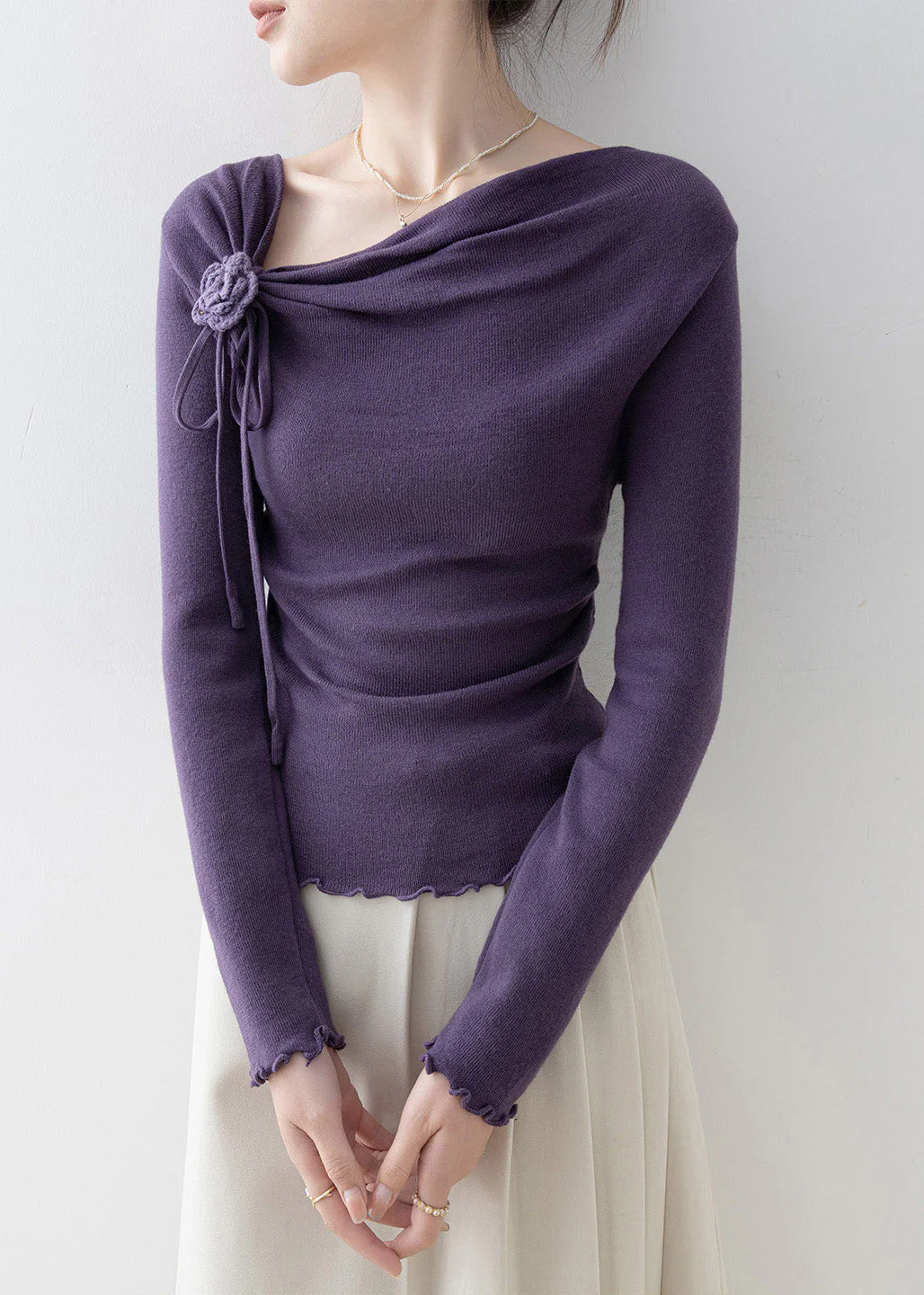 French Purple Slash Neck Ruffled Floral Knit Top Spring - Image 3