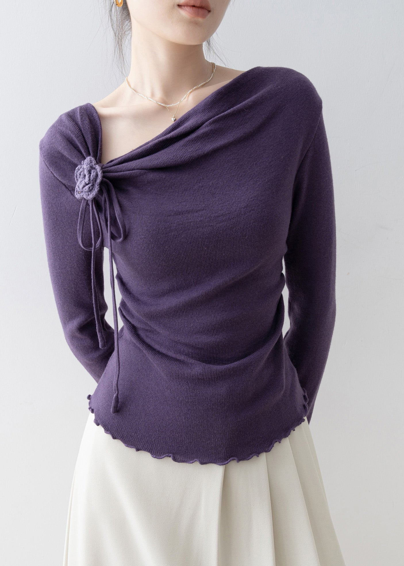 French Purple Slash Neck Ruffled Floral Knit Top Spring - Image 4