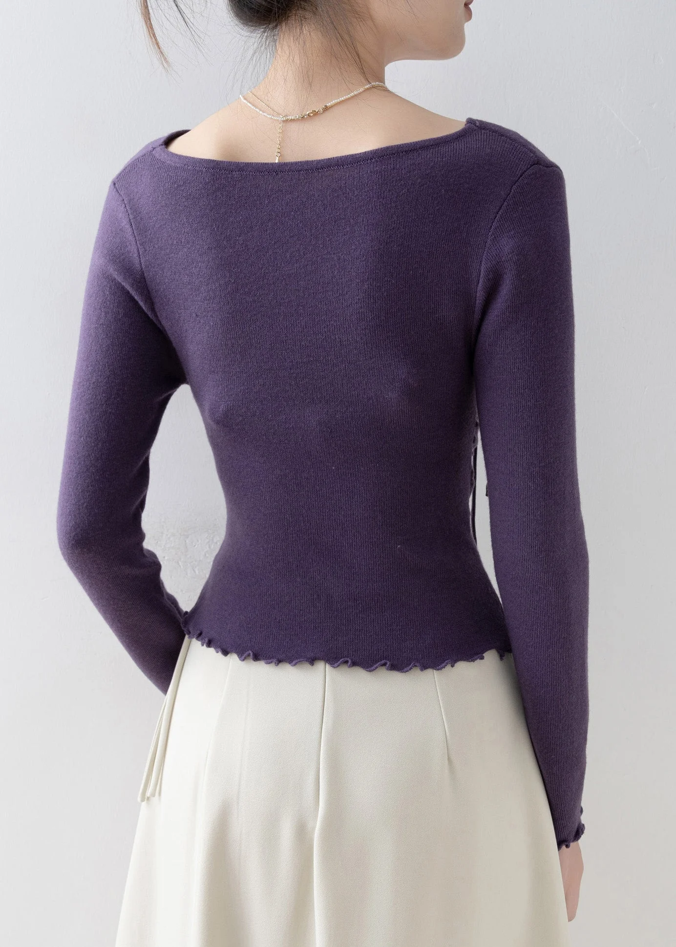 French Purple Slash Neck Ruffled Floral Knit Top Spring - Image 5