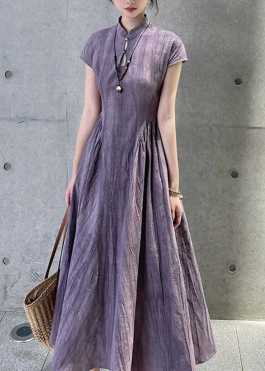 French Purple Stand Collar Pockets Linen Dress Summer - Image 3