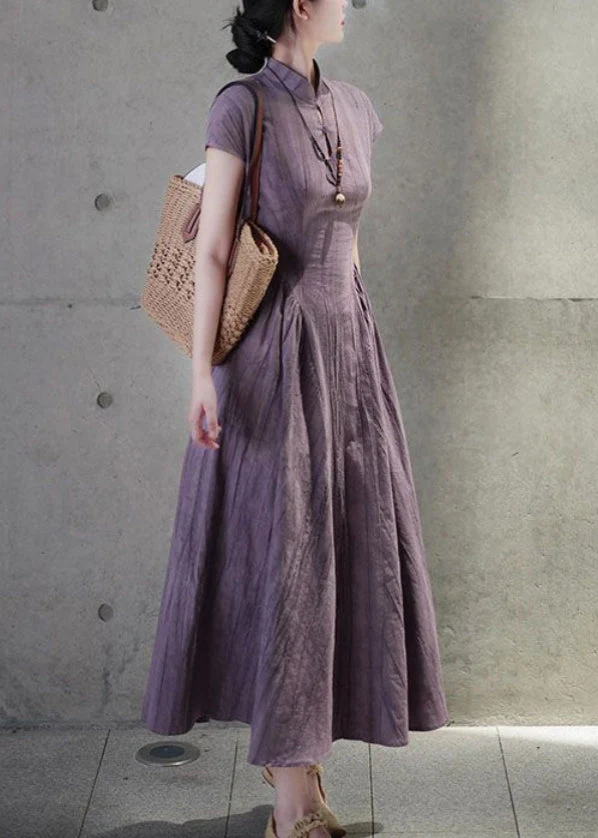 French Purple Stand Collar Pockets Linen Dress Summer - Image 4