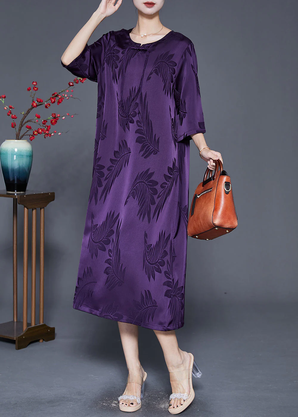 French Purple Tasseled Print Silk Maxi Dresses Summer - Image 2