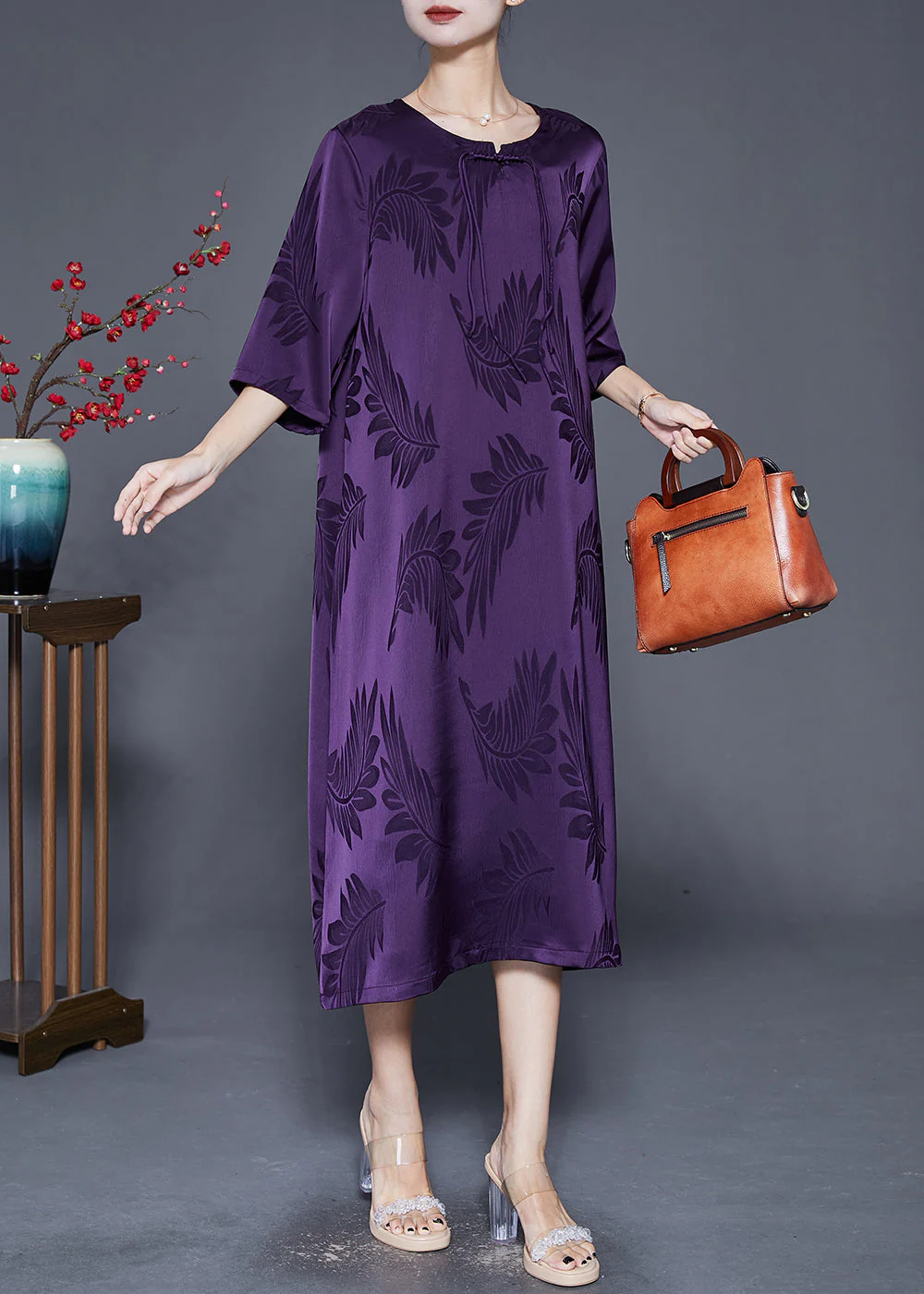 French Purple Tasseled Print Silk Maxi Dresses Summer - Image 3