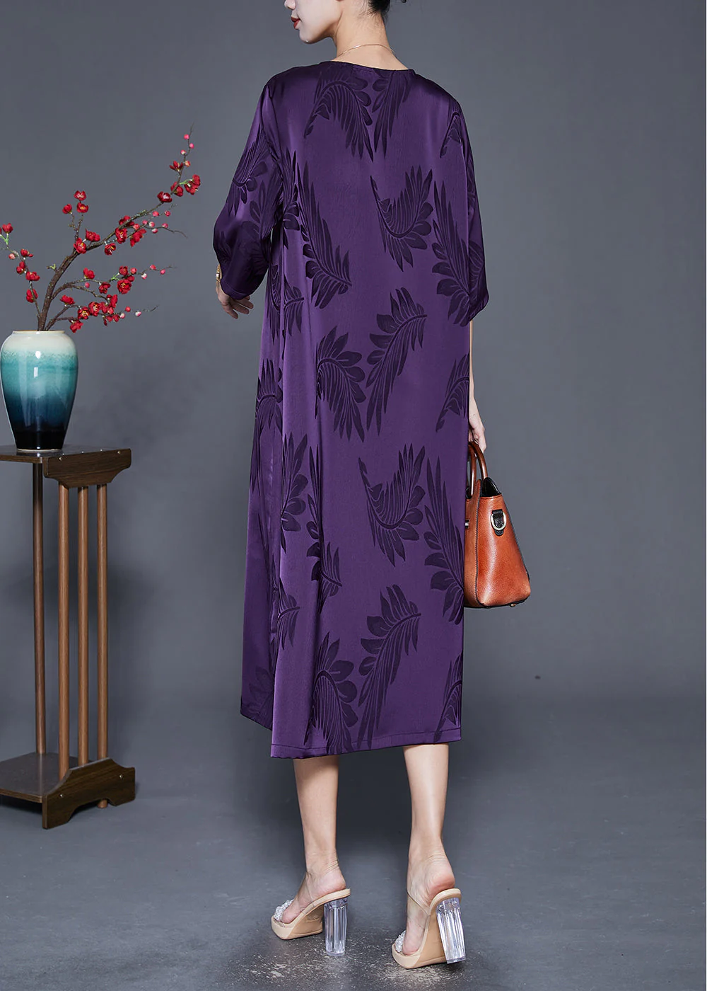 French Purple Tasseled Print Silk Maxi Dresses Summer - Image 4