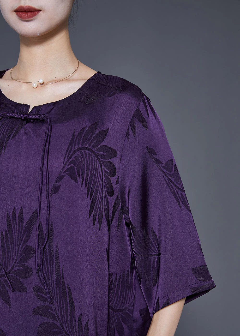 French Purple Tasseled Print Silk Maxi Dresses Summer - Image 5