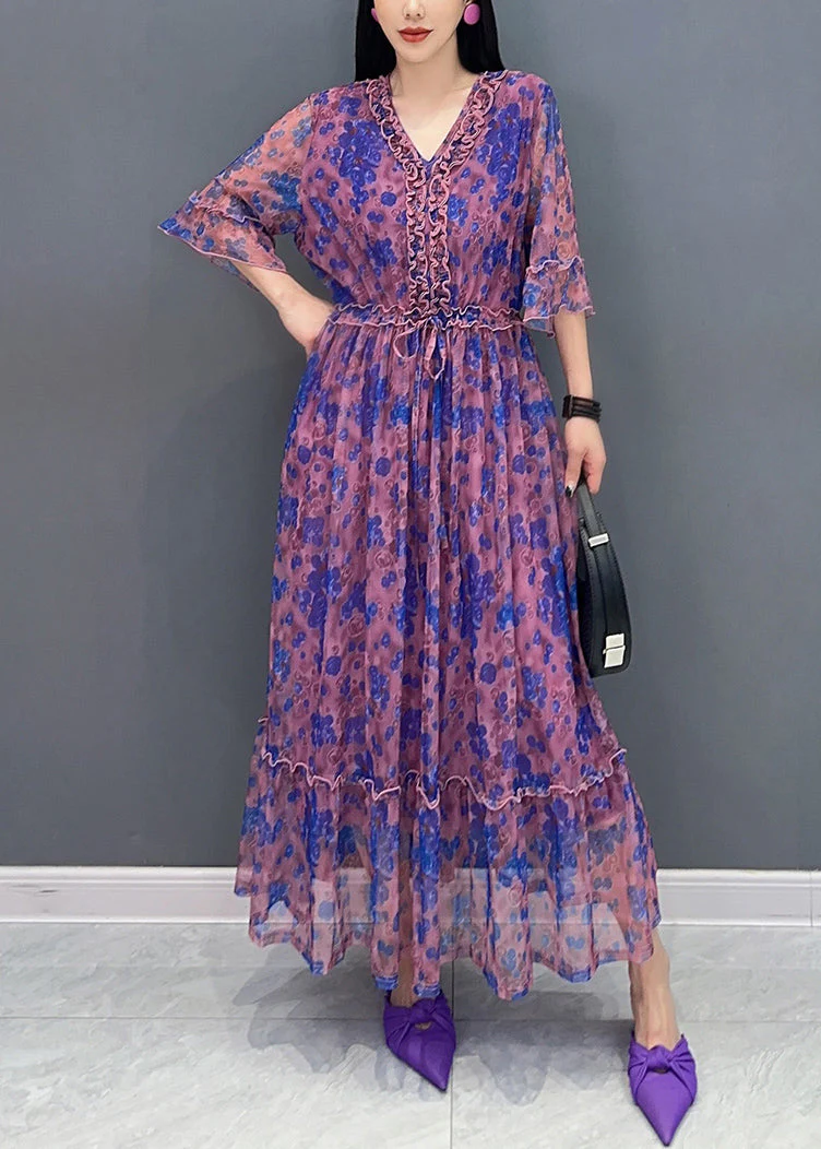 French Purple V Neck Print Elastic Waist Chiffon Long Dress Summer - Image 2