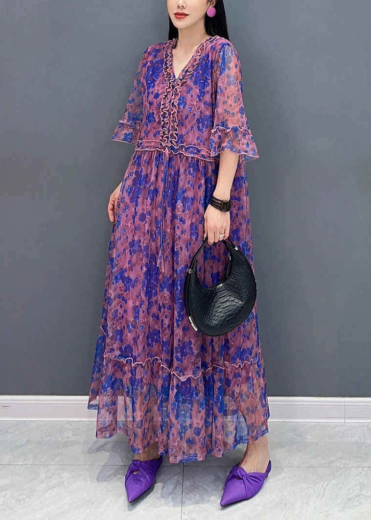 French Purple V Neck Print Elastic Waist Chiffon Long Dress Summer - Image 3