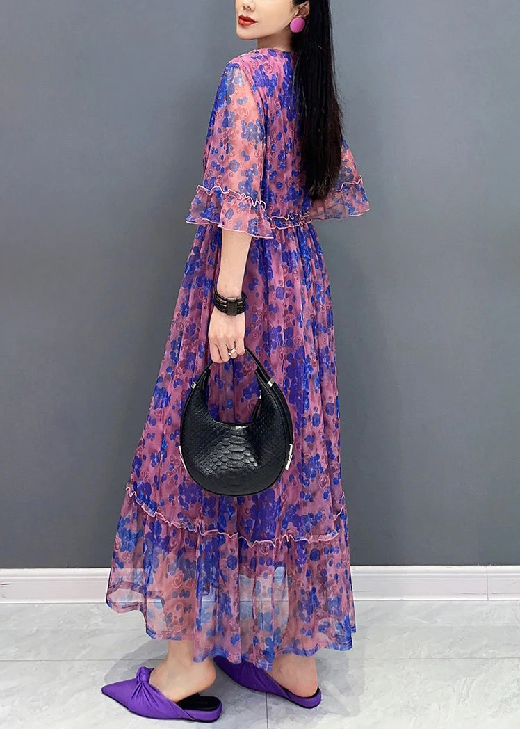 French Purple V Neck Print Elastic Waist Chiffon Long Dress Summer - Image 4