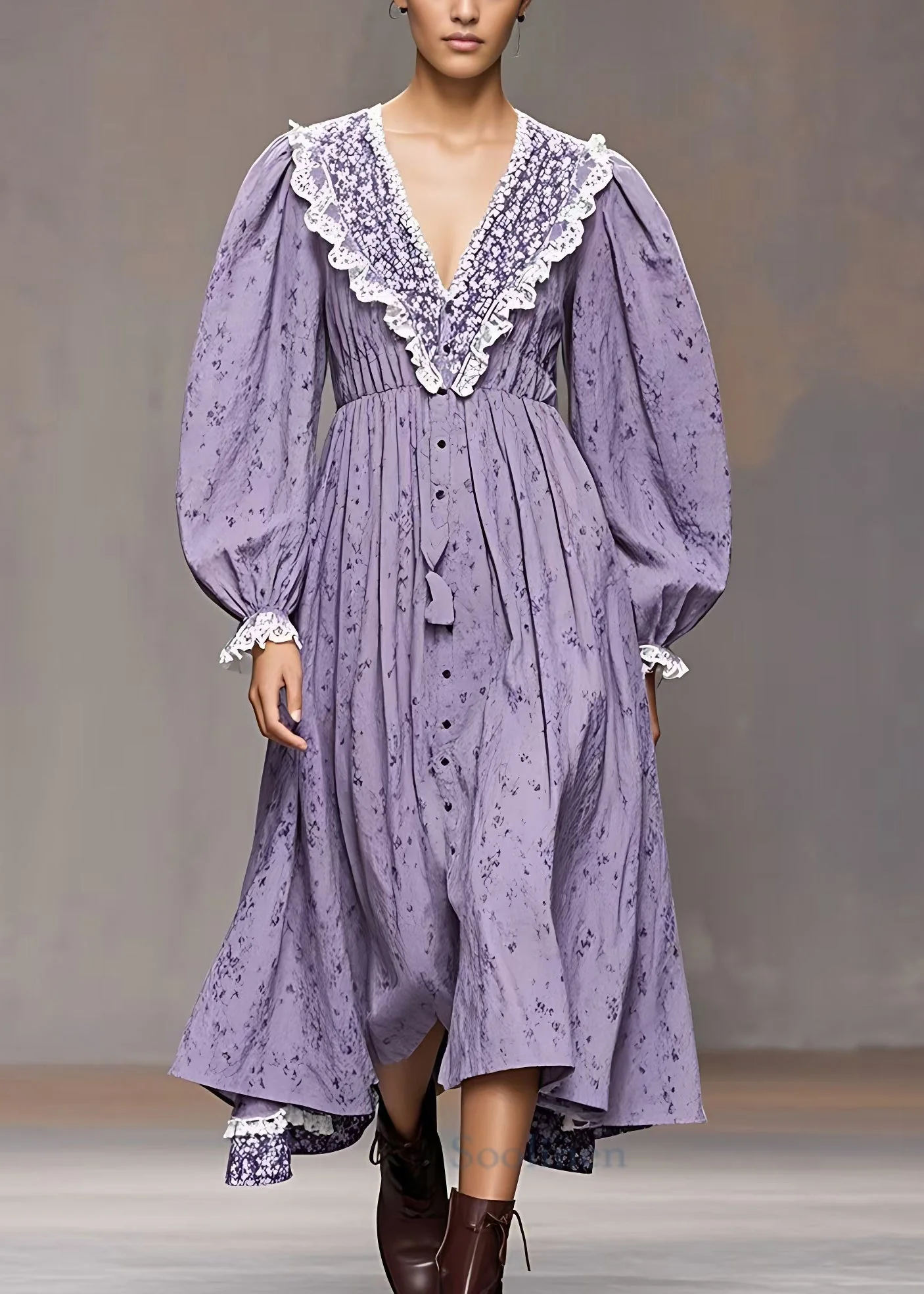 French Purple V Neck Print Patchwork Cotton Dresses Long Sleeve - Image 2
