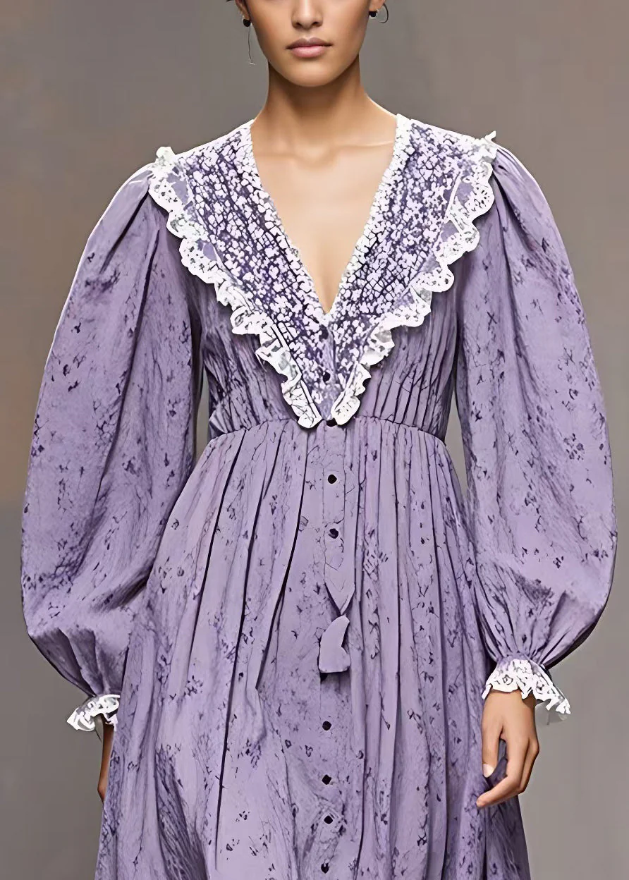 French Purple V Neck Print Patchwork Cotton Dresses Long Sleeve - Image 3