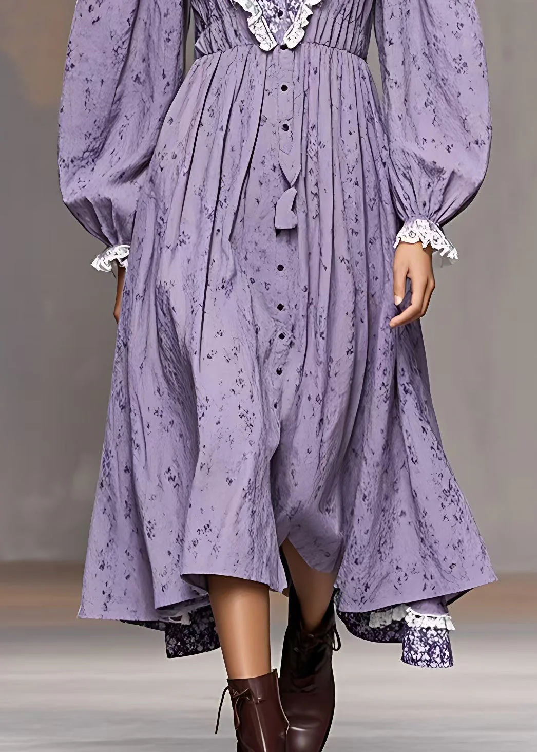 French Purple V Neck Print Patchwork Cotton Dresses Long Sleeve - Image 5