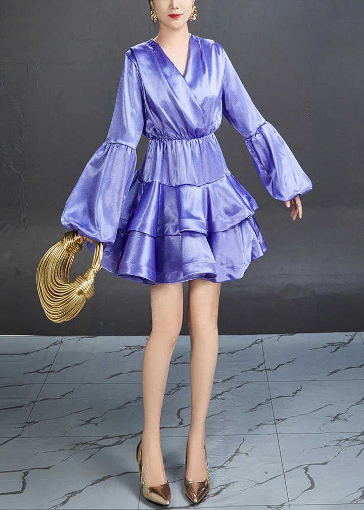 French Purple V Neck Tie Waist Silk Mid Dress Fall - Image 3
