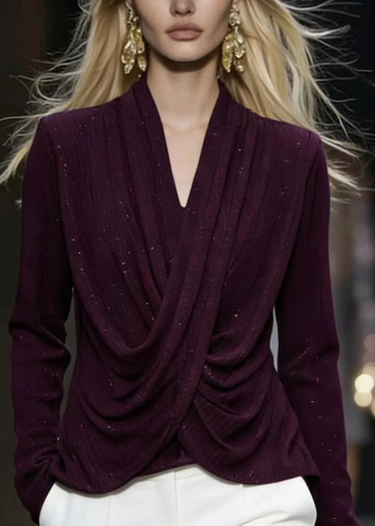 French Purple V Neck Wrinkled Cotton Shirt Top Spring - Image 2