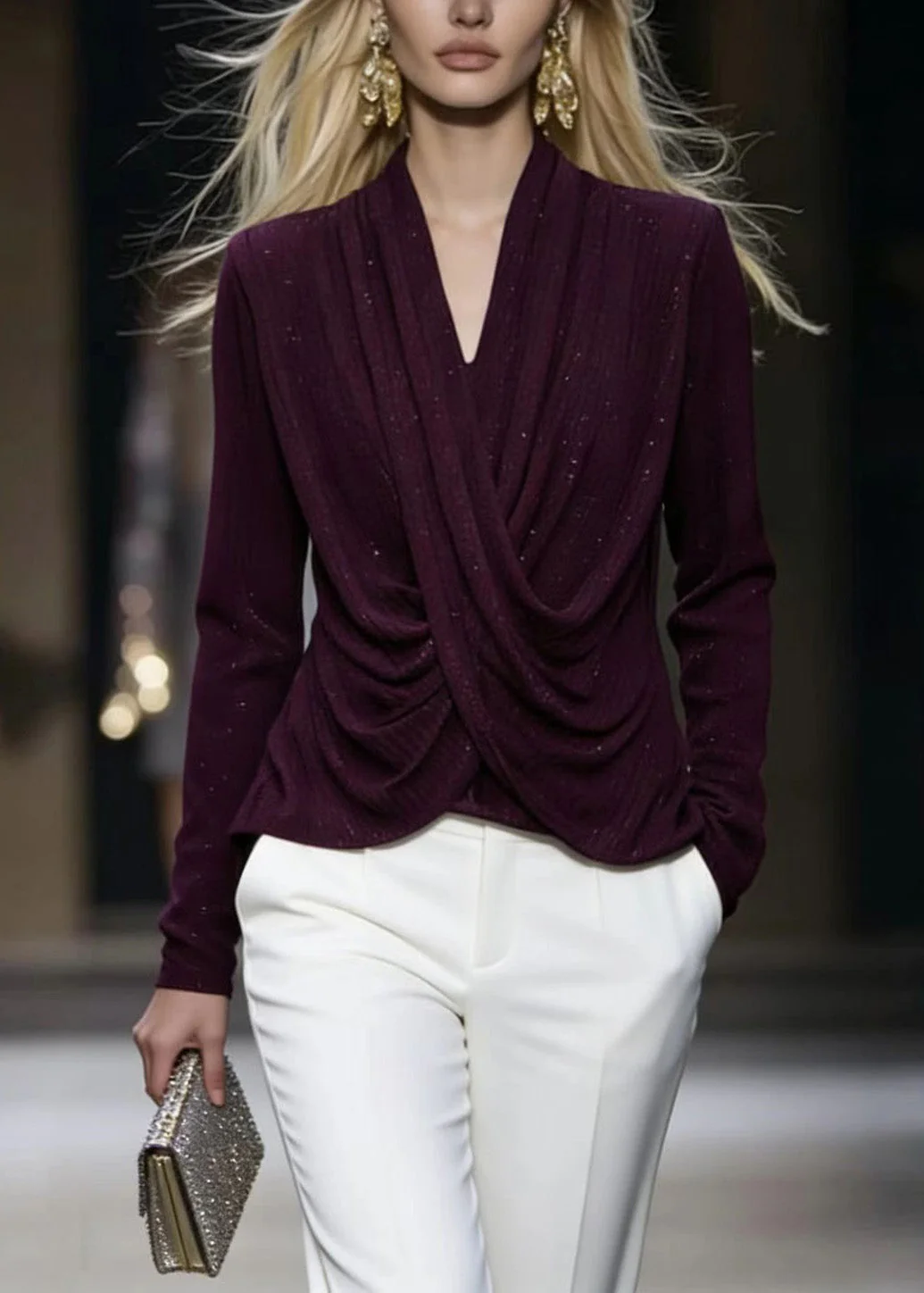French Purple V Neck Wrinkled Cotton Shirt Top Spring - Image 3