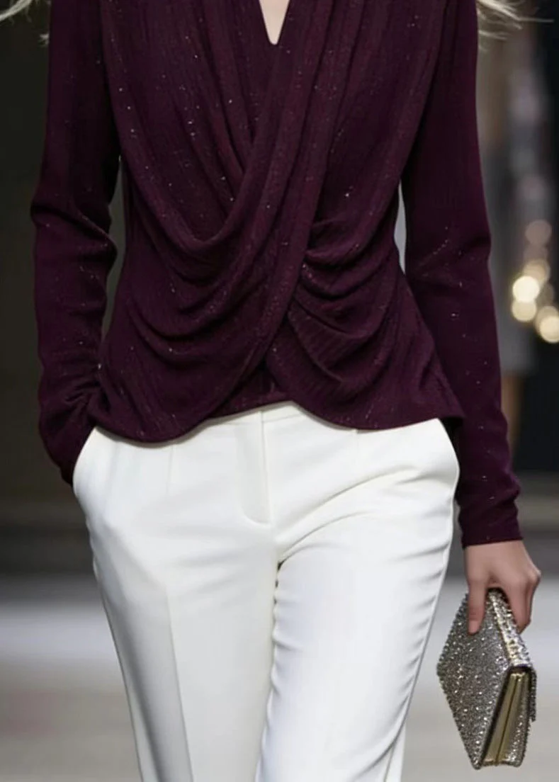 French Purple V Neck Wrinkled Cotton Shirt Top Spring - Image 4