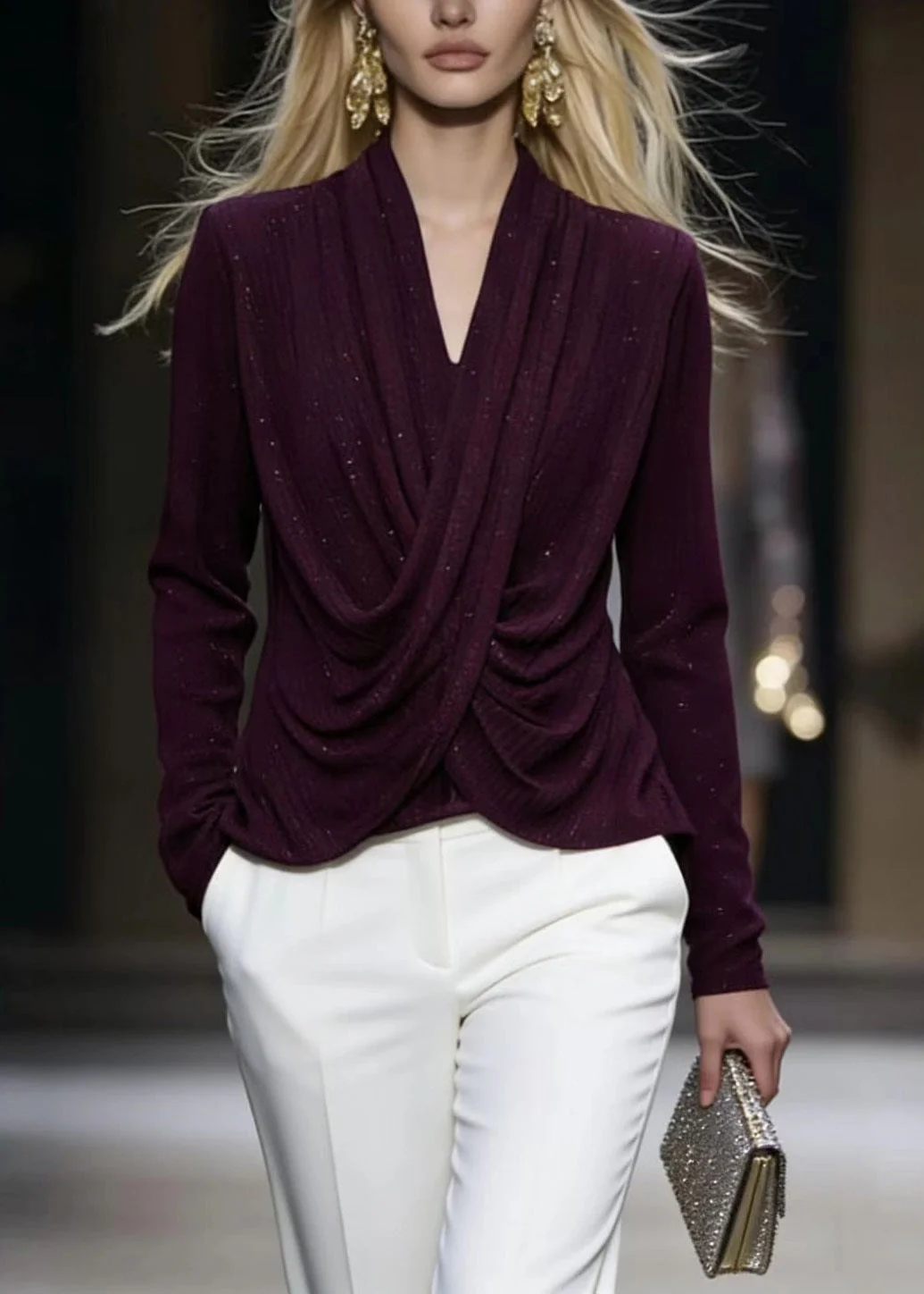 French Purple V Neck Wrinkled Cotton Shirt Top Spring - Image 5