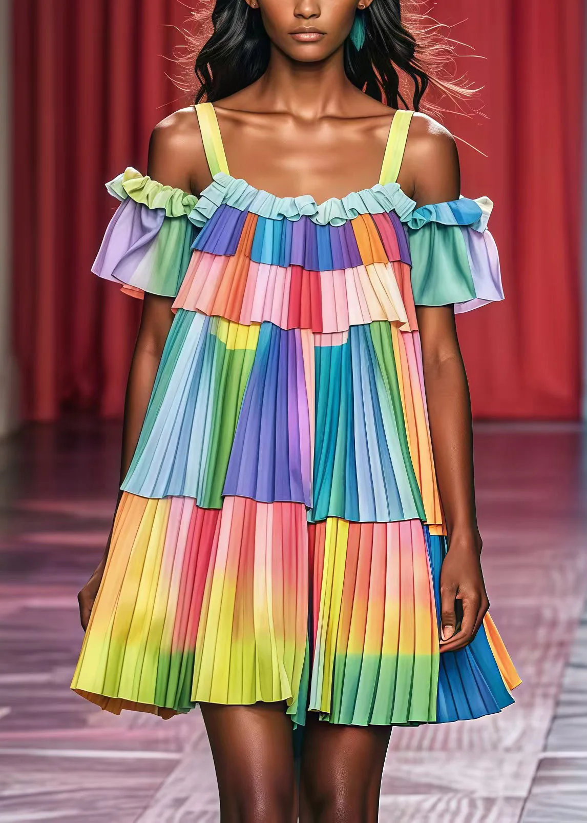 French Rainbow Cold Shoulder Chiffon Pleated Tea Dress Summer - Image 3