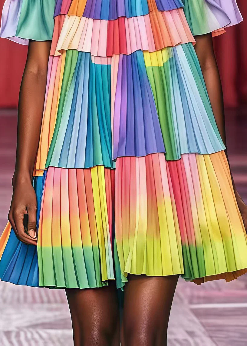 French Rainbow Cold Shoulder Chiffon Pleated Tea Dress Summer - Image 4