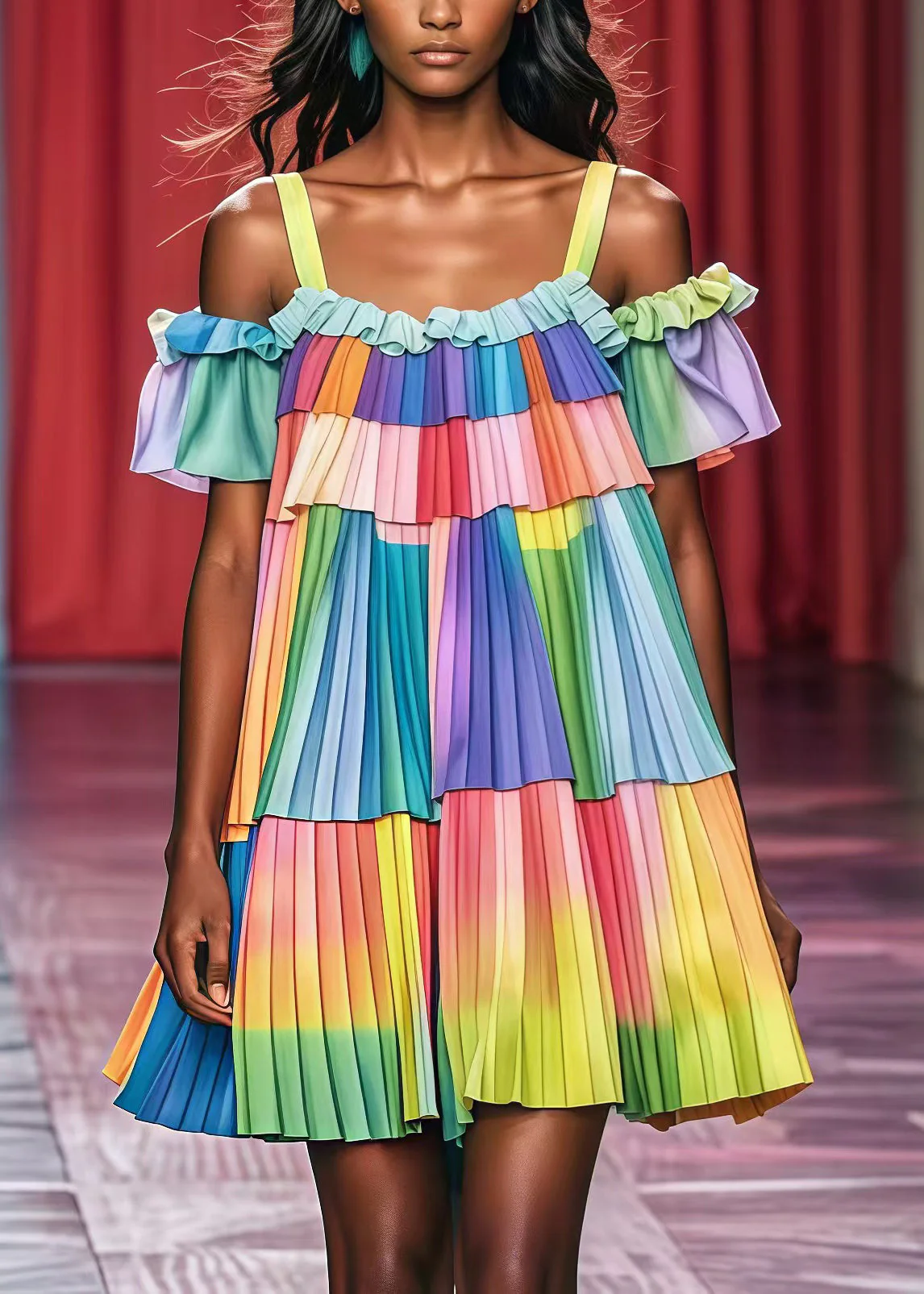 French Rainbow Cold Shoulder Chiffon Pleated Tea Dress Summer - Image 5