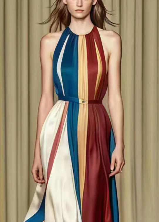 French Rainbow Cold Shoulder Patchwork Silk Vestidos Dresses Summer - Image 3