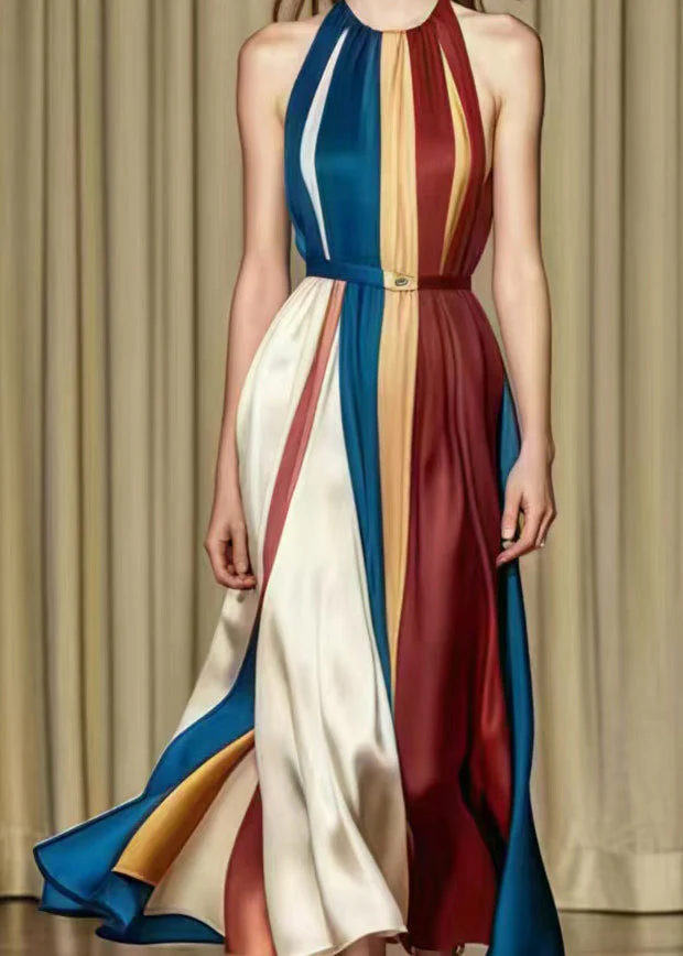 French Rainbow Cold Shoulder Patchwork Silk Vestidos Dresses Summer - Image 4