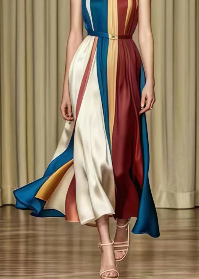 French Rainbow Cold Shoulder Patchwork Silk Vestidos Dresses Summer - Image 5