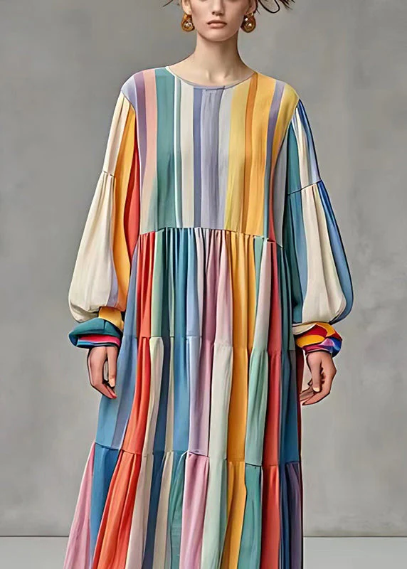 French Rainbow Oversized Striped Cotton Dresses Fall - Image 2