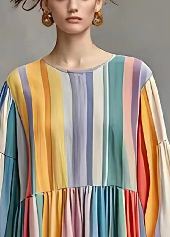 French Rainbow Oversized Striped Cotton Dresses Fall - Image 3