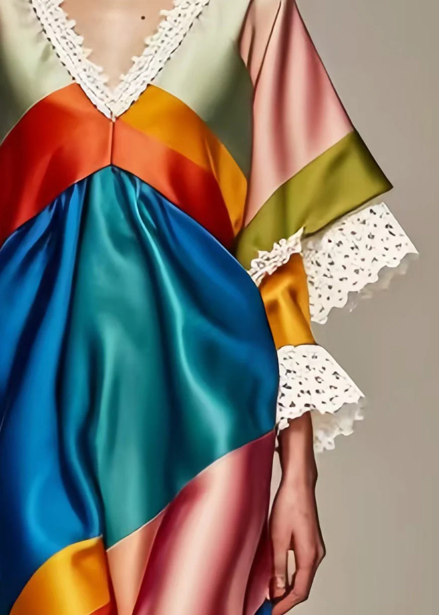 French Rainbow V Neck Lace Patchwork Silk Holiday Dress Summer - Image 5