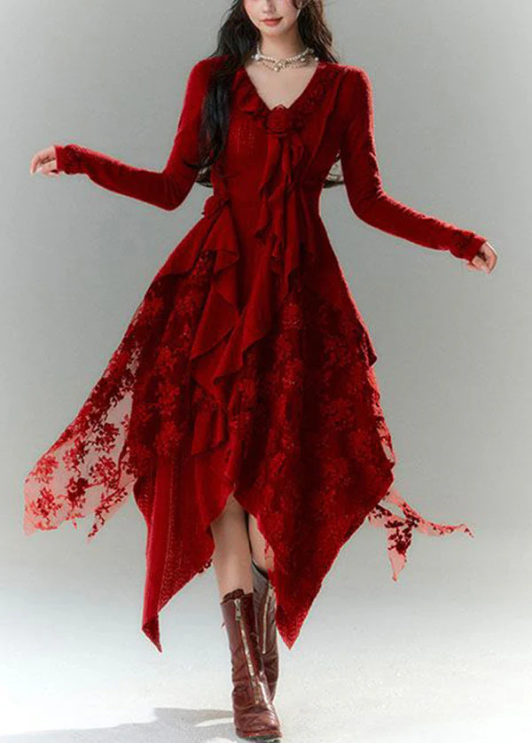 French Red Asymmetrical Design Patchwork Knit Dress Spring - Image 2