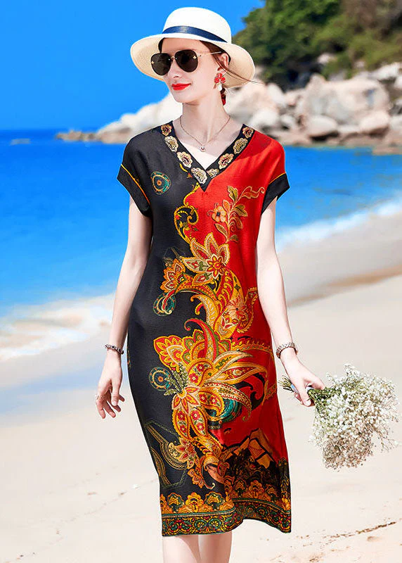 French Red Black V Neck Print Draping Silk Vacation Dress Short Sleeve - Image 2