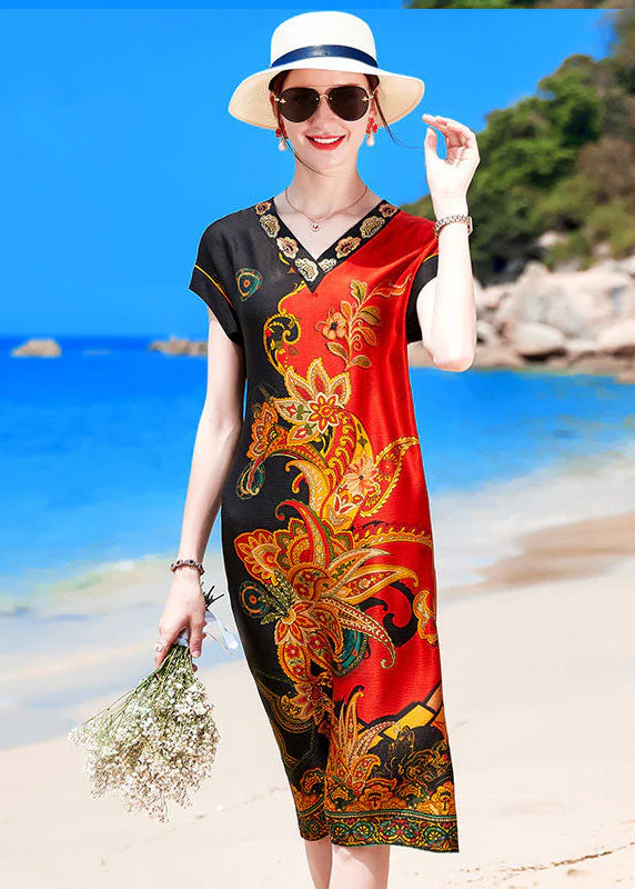 French Red Black V Neck Print Draping Silk Vacation Dress Short Sleeve - Image 3