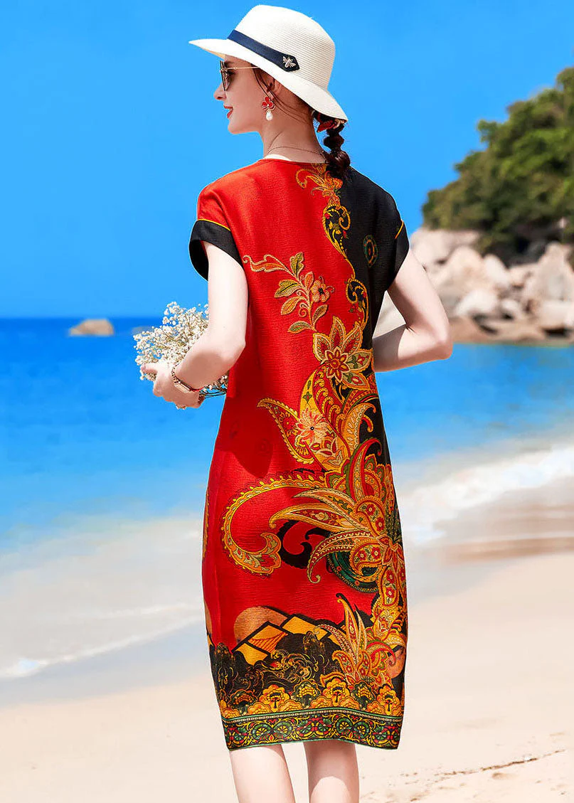 French Red Black V Neck Print Draping Silk Vacation Dress Short Sleeve - Image 4