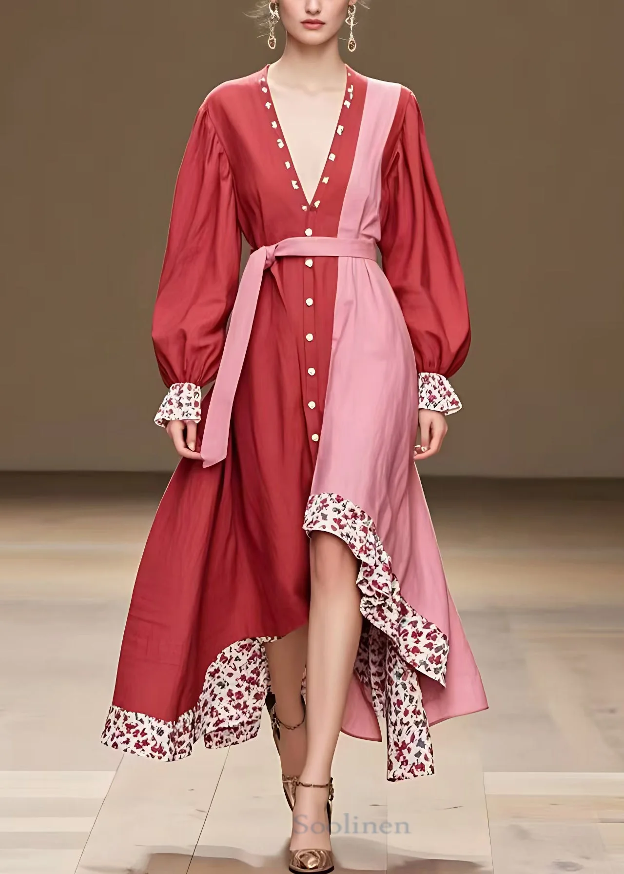 French Red Button Tie Waist Patchwork Cotton Long Dress Fall - Image 2