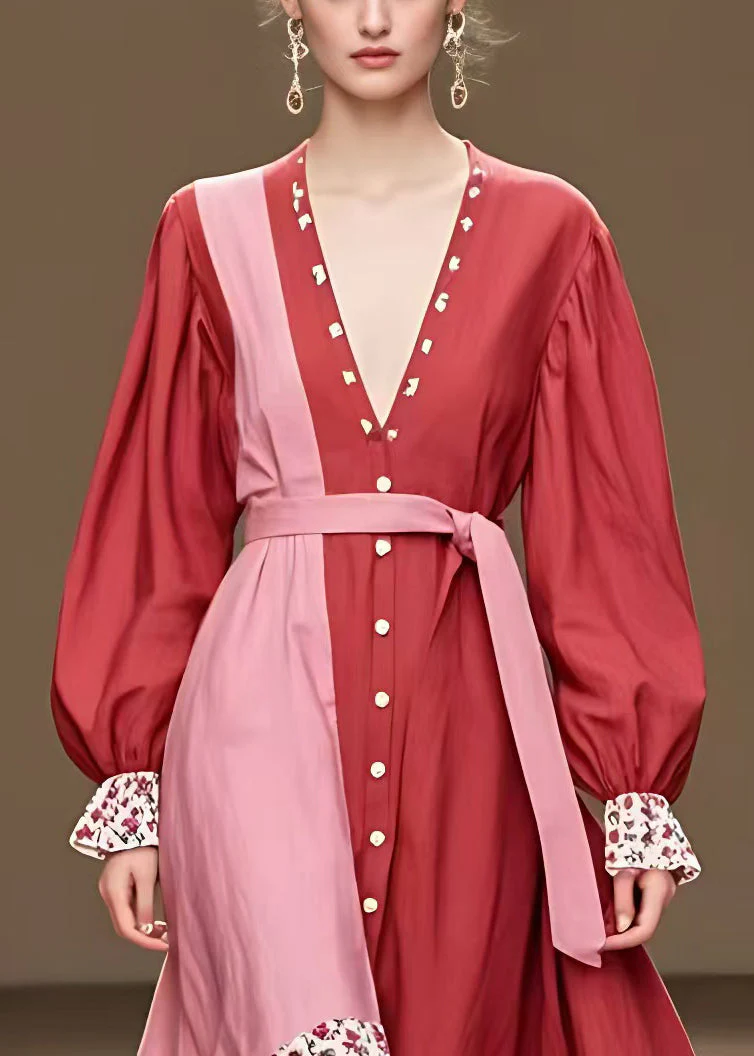French Red Button Tie Waist Patchwork Cotton Long Dress Fall - Image 3