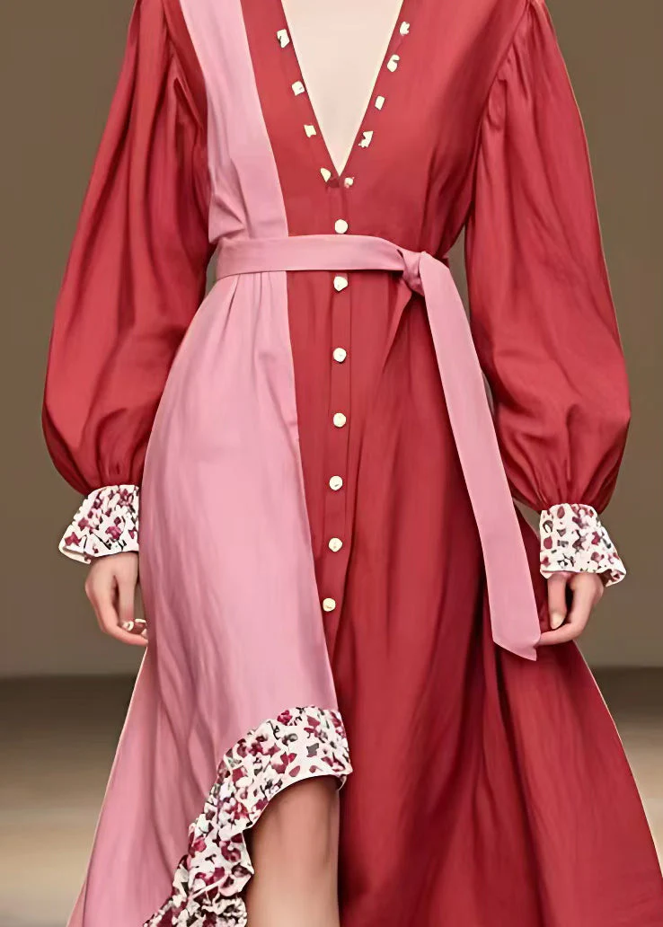French Red Button Tie Waist Patchwork Cotton Long Dress Fall - Image 4
